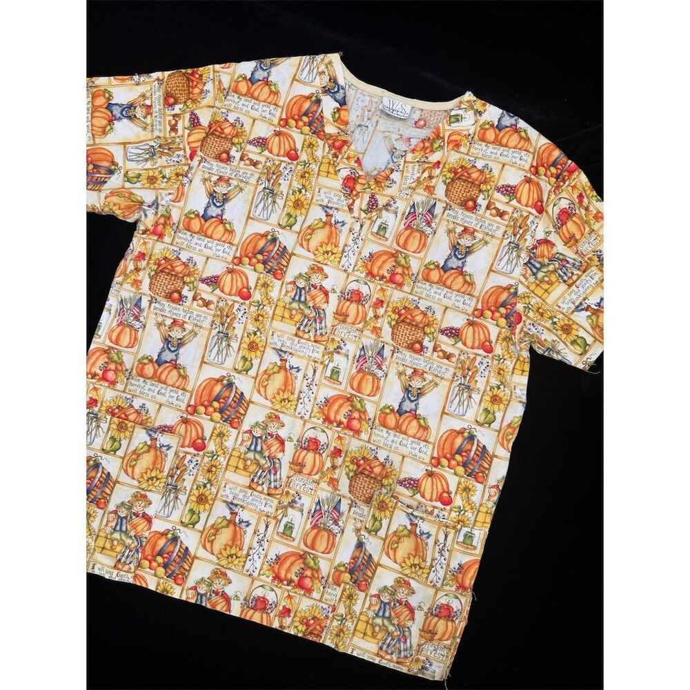 White Swan Women's Fall Pumpkin Floral V-Neck Scrub Top Size CUTE Thanksgiving